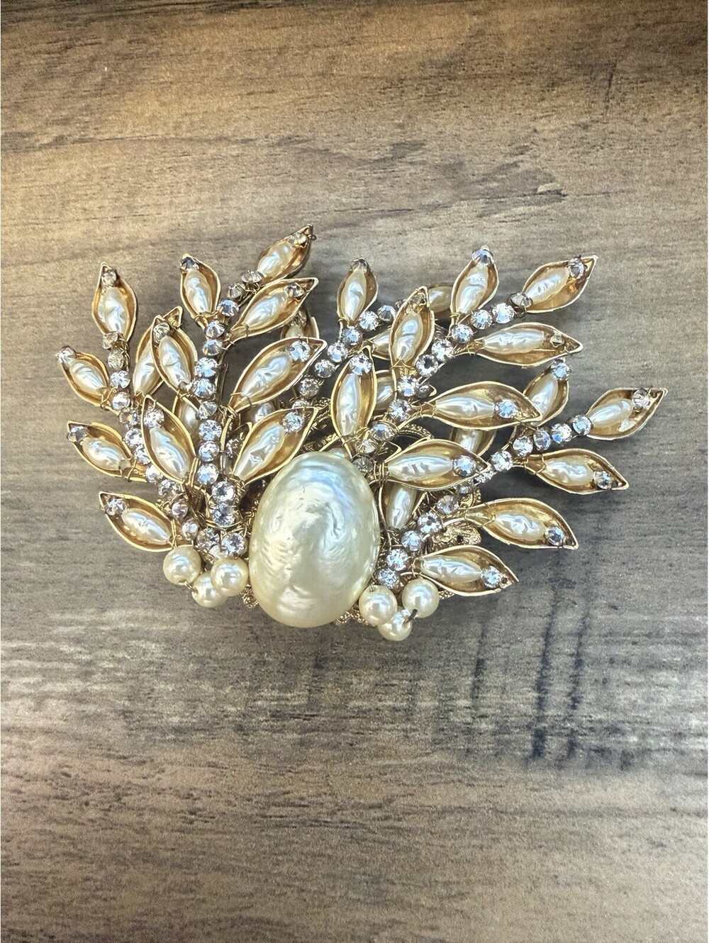 Vintage Miriam Haskell 2012 Faux Pearl Rhinestone Floral Brooch Signed Spray
